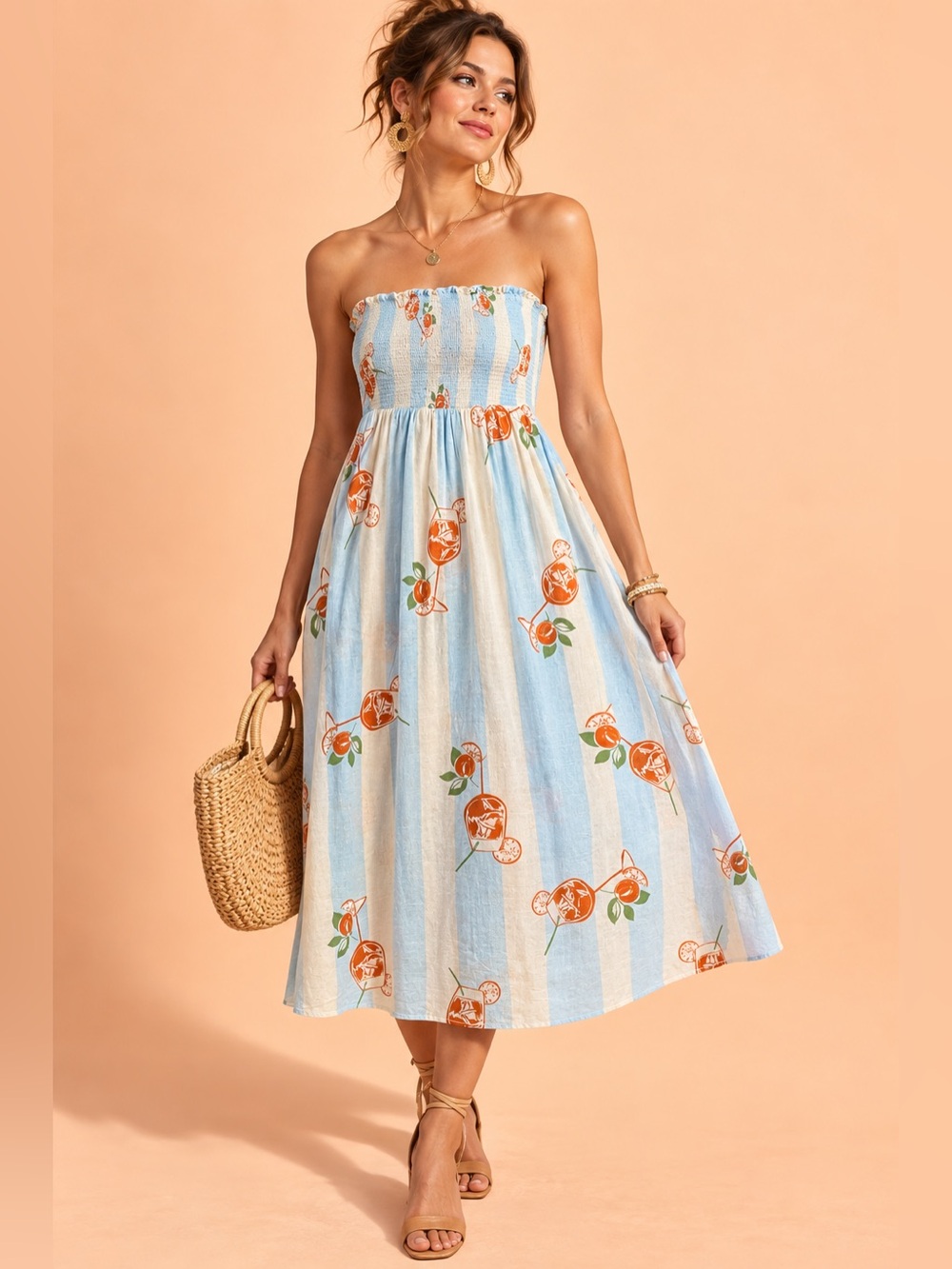C&C California Linen Strapless Midi Orange Cocktail Spritz Novelty Print Dress